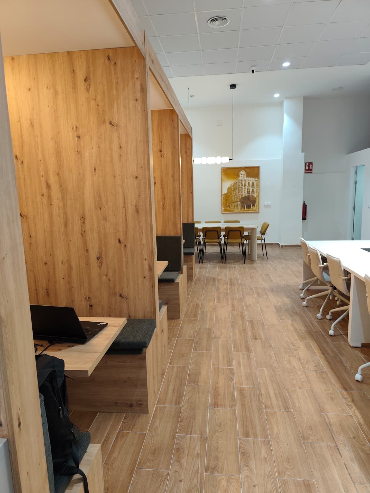 Vista general: booths de trabajo, sala de reuniones y escritorios